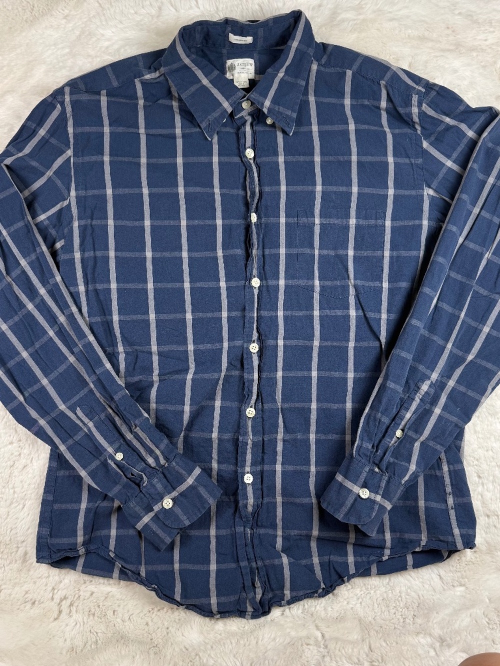 J. Crew Washed Casual Checkered Button Up Navy White Men's Tailored Fit Large